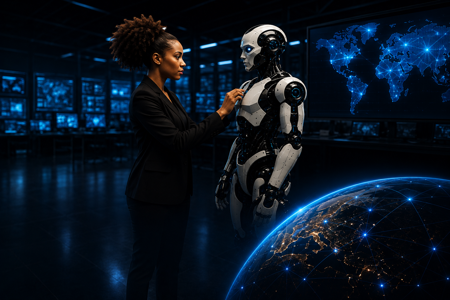 Woman working with humanoid robot in an AI technology environment